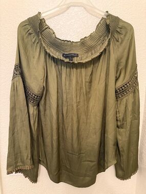White House Black Market Olive Green Smocked Ruffle Peasant Blouse